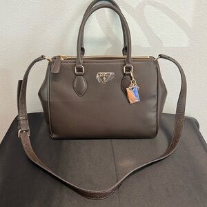 Guess | Chocolate Brown Faux Pebble Leather Satchel w/Iconic Logo Bag Charm